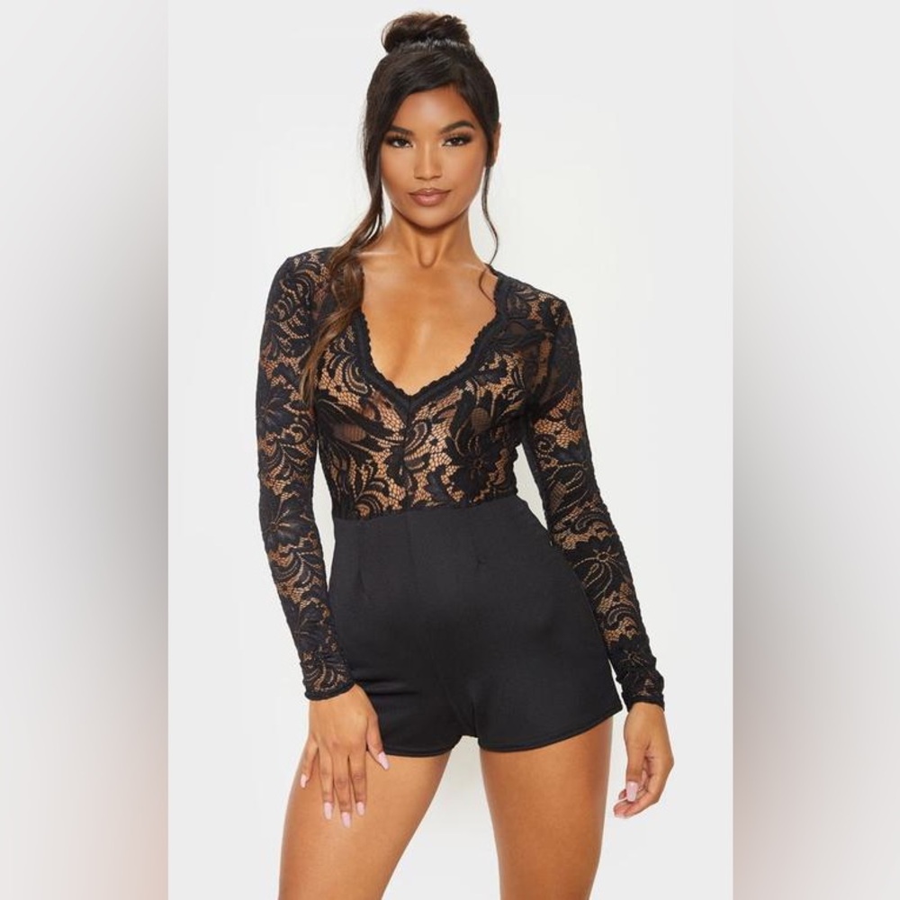 Black Lace Long Sleeve Plunge Playsuit